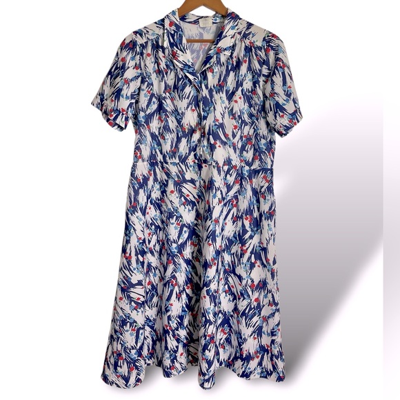 Vintage 40s Floral Rayon Dress Blue Red White Short Sleeve Midi Summer Dress - Picture 1 of 5